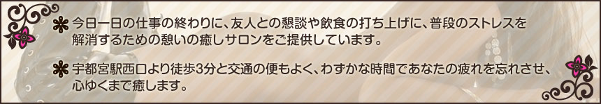 今日一日の仕事の終わりに、友人との懇談や飲食の打ち上げに、普段のストレスを解消するための憩いの癒しサロンをご提供しています。宇都宮駅西口より徒歩3分と交通の便もよく、わずかな時間であなたの疲れを忘れさせ、心ゆくまで癒します。